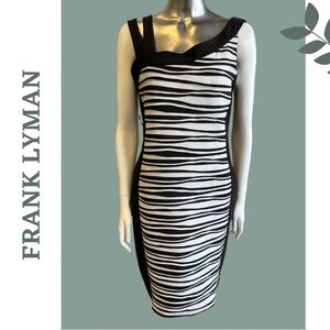 Frank Lyman Black White Stretch Ribbed Knit Body Hugging Sleeveless Dress Size 8
